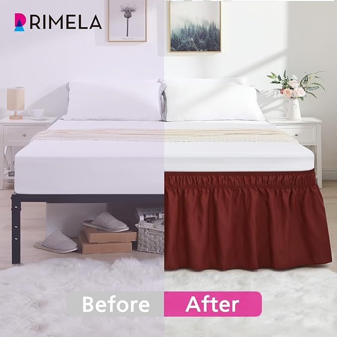 RIMELA Wine Red Bed Skirt King Size 15 Inch Drop, Elastic Bed Skirting for Bed Base and Frame, Bedding Dust Ruffle, Lightweight Wrap Around Adjustable Bedskirt, Cal King