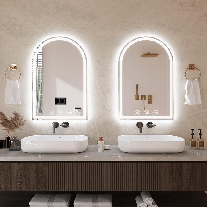 LED Bathroom Mirrors with Lights 24"x36" Arched Mirror for Wall,Led Vanity Mirror, Anti-Fog,LED Mirrors with Front Light and Backlit, Anti-Fog, Dimmable, 3 Color, Shatterproof, Touch Sensor