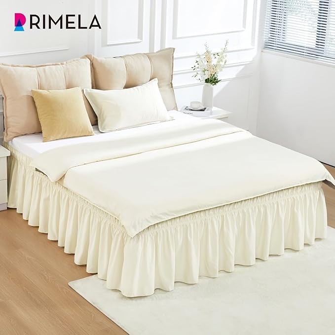 RIMELA Off White Bed Skirt Queen Size 18 Inch Drop, Elastic Bed Skirting for Bed Base and Frame, Bedding Dust Ruffle Easy to Install, Lightweight Wrap Around Adjustable Bedskirt
