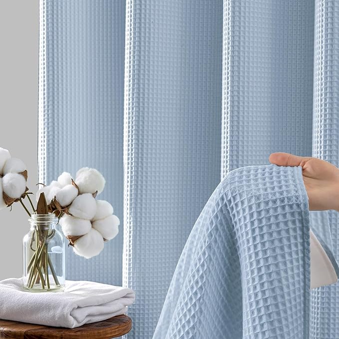 River Dream Misty Blue Fabric Shower Curtain Set, Cotton Blend, Waffle Weave, with Snap in Replacement Liner，71 x 86 inches
