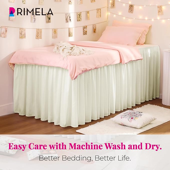 RIMELA Ivory White Dorm Bed Skirt Twin XL 32 Inch Drop, Easy to Install Extra Long Wrap Around Elastic Dust Ruffle, Bedskirt Silky Fabric Machine Washable (Twin XL 80“L x 39”W & Twin 75“L x 39”W)