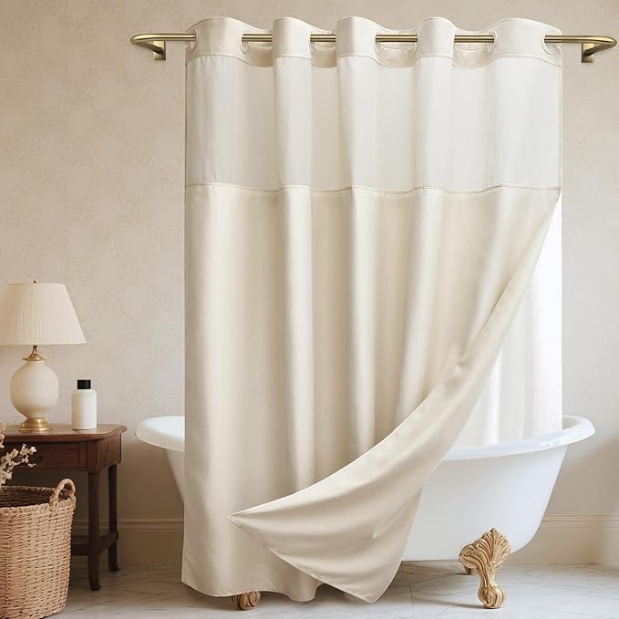 No Hooks Luxury Shower Curtain Set with Snap-in Liner, Polyester Textured with See-Through Top Window, Waterproof & Washable Hotel Style for Bathroom, 71W x 77H, Cream