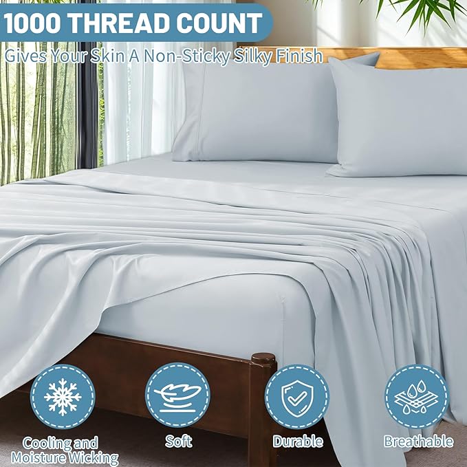 Extra Deep Pocket California King Sheets 18-24 Inch 1000 Thread Count 100% Egyptian Cotton Sateen Weave Soft Breathable 4 Pieces（California King,Light Blue）