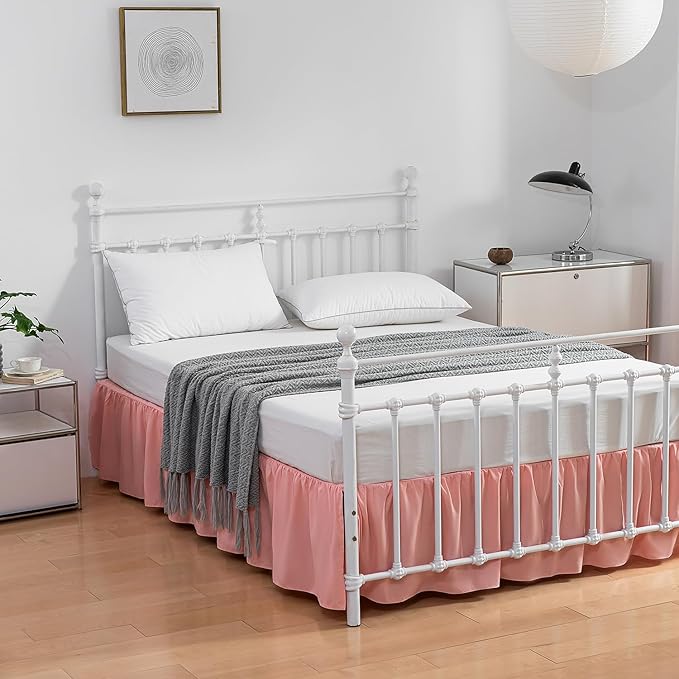 Bed Skirt Queen Size, Ruffled Bed Skirts with Split Corners, 12 Inch Drop Dust Ruffle Bed Skirt with Platform, 12 Inch, Peach, Queen