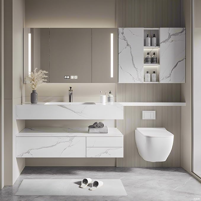 Floating Bathroom Vanity with Sink, Solid Wood Bathroom Vanity Set, Smart Defogging Mirror & Induction Side Cabinet & Large Storage - Elegant Bathroom Vanities (White,72IN)