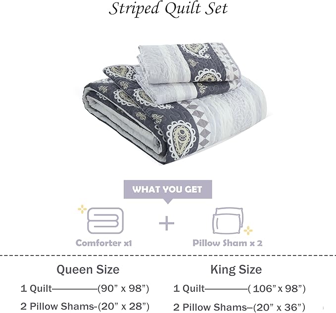 Quilt King Size,Cotton Bedding Set, Purple King Size Comforter, Luxury Striped Bed Set, Reversible Bedspread All Seasons,Lightweight Soft 3 Piece