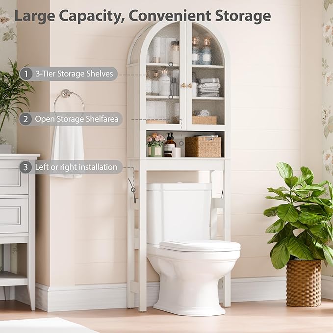 Over The Toilet Storage Cabinet, 23.7”W Modern Storage Cabinet Over Toilet with Acrylic Doors, Arched Freestanding Over Toilet Rack with Adjustable Shelf for Bathroom, Antique White