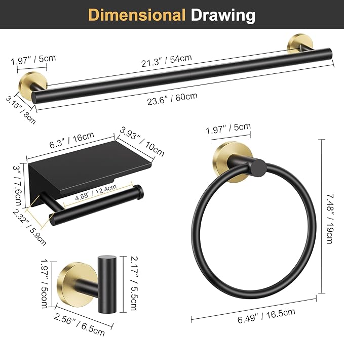 Black and Gold Bathroom Hardware Set, 5 Pieces Towel Bar Bathroom Accessories, Upgraded Toilet Paper Holder with Shelf Set, 23.6 Inch Towel Rack Towel Holder for Bathroom Wall