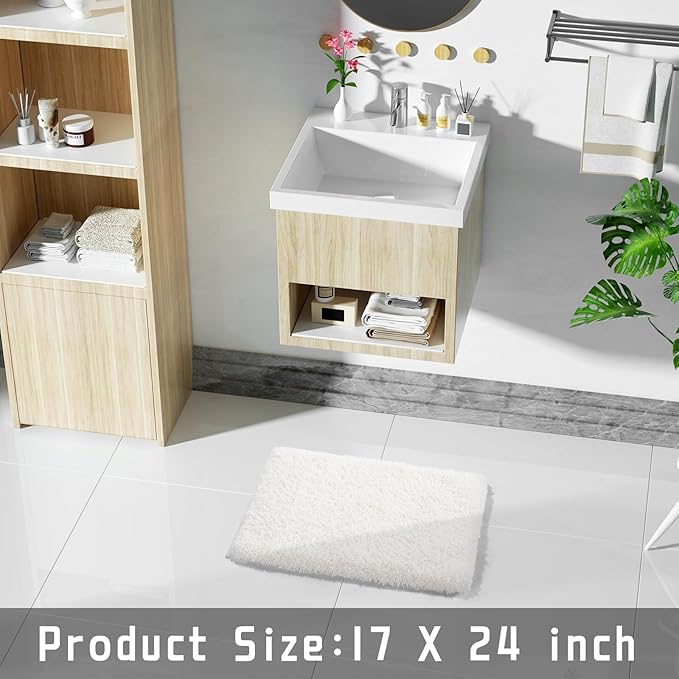 Yimobra Bathroom Rugs Non Slip Washable, Ultra Soft and Water Absorbent Bath Mats, Plush Fluffy Shower Mat Outside, Microfiber Thick Matts for Bathroom Floor/Sink, 24x17, Off White