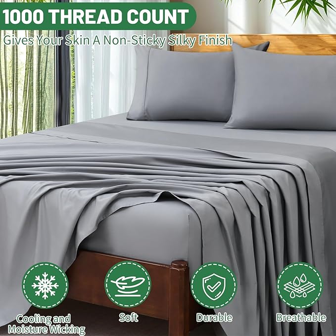 Extra Deep Pocket California King Sheets 18-24 Inch 1000 Thread Count 100% Egyptian Cotton Sateen Weave Soft Breathable 4 Pieces（California King,Grey）