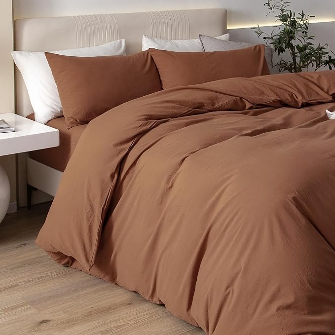 JIYUAN 100% Washed Cotton Duvet Cover Set 3 Pieces Cal King, 1 Duvet Cover 104x98 Inches(Comforter Not Included) and 2 Pillowcases,Linen Feel Bedding Set Comfy and Breathable,Burnt Orange