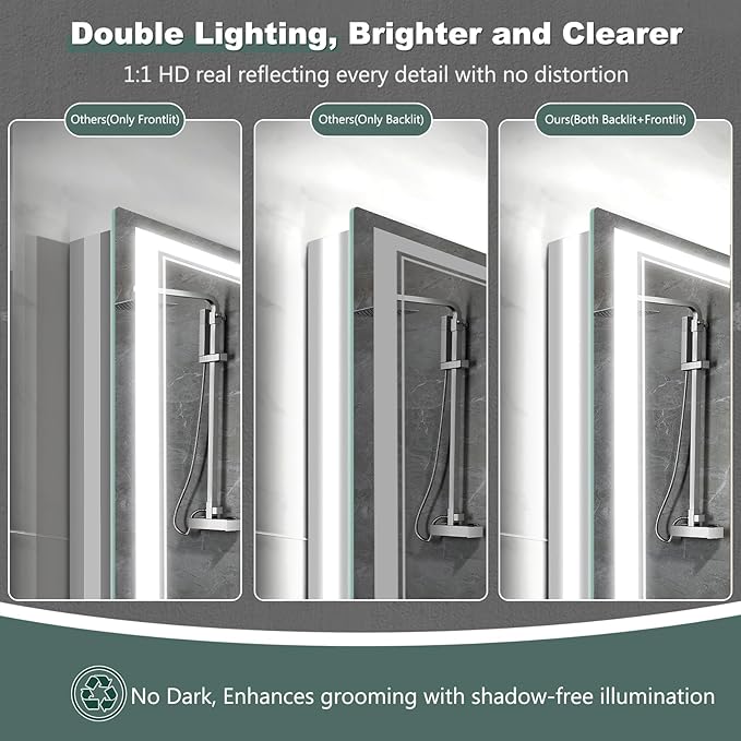 LED Bathroom Mirror with Lights: 48"x28" Wall Mounted Large Lighted Mirrors Fogless, Anti-Fog,Dimmable,Memory Function, Shatterproof Tempered Glass, Espejos para Baños, ETL Listed