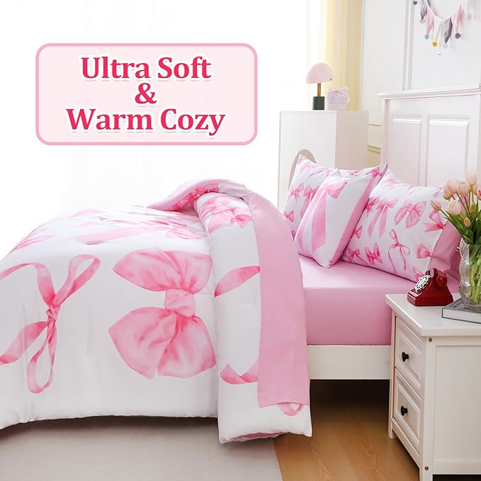 6 Pieces Full Comforter Sets with Sheets Pink Bed in a Bag for Girls,Bow Comforter Set,Bow Full Bedding Sets for Kids