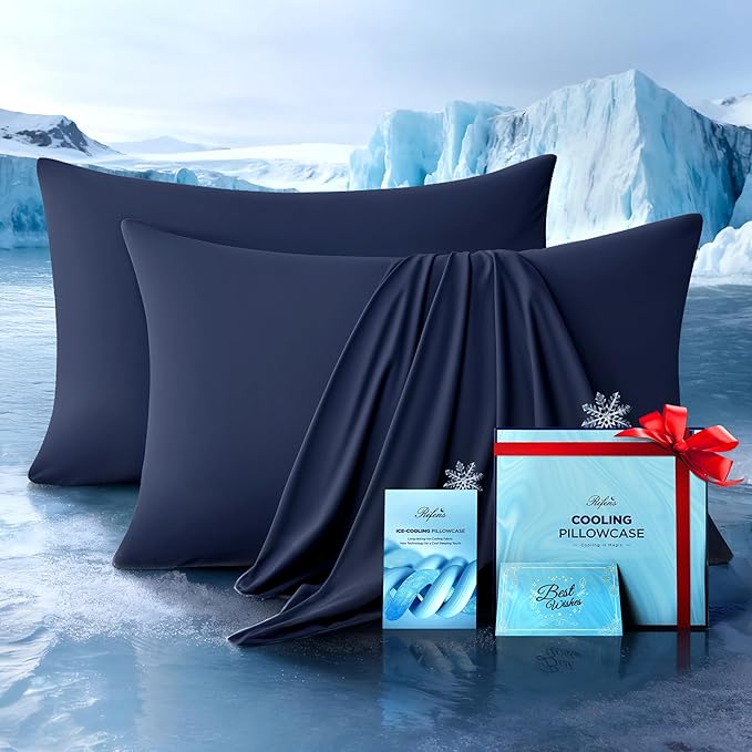 Ultra-Chill Cooling Pillowcase Set of 2 for Hot Sleepers, Softer Than Silk Pillow Cases for Protecting Hair & Skin, Breathable Bed Pillow Covers w/Zipper, Gifts for Women & Men (Navy Blue, King)
