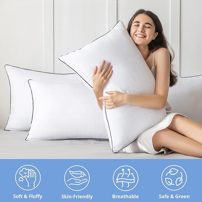 JOLLYVOGUE Pillows Standard/Full Size Set of 2, Hotel Collection Bed Pillows for Side, Back, and Stomach Sleepers, Fluffy and Supportive, Down Alternative Microfiber Filled Pillows, 2 Pack