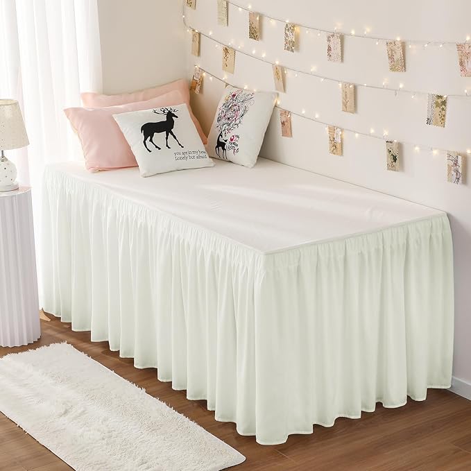RIMELA Dorm Bed Skirt Twin XL 32 Inch Drop, Easy to Install Extra Long Wrap Around Elastic Dust Ruffle, Ivory Bedskirt Solid Silky Fabric Machine Washable (Twin XL 80“L x 39”W & Twin 75“L x 39”W)