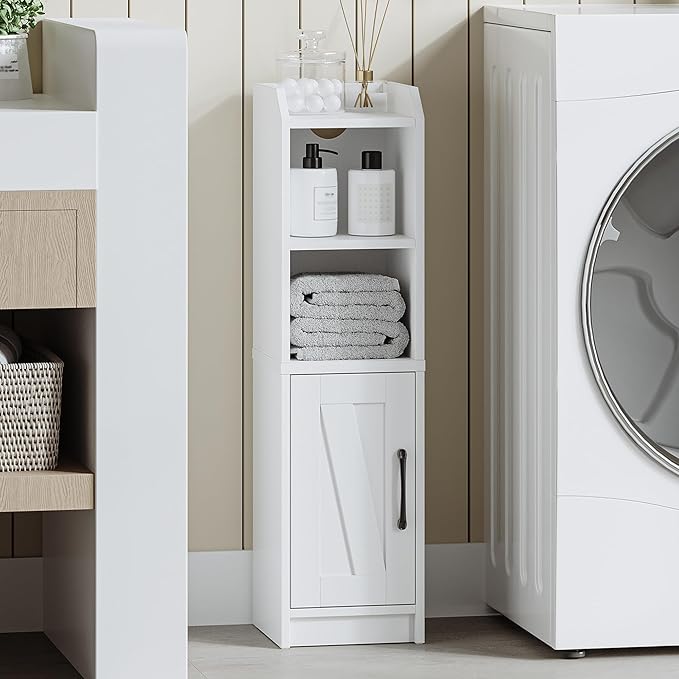Bathroom Storage Cabinet, Small Farmhouse Corner Floor Cabinet with Door and Shelves, Narrow Toilet Paper Holder Stand, Bathroom Organizer with Adjustable Shelf, for Small Spaces, White