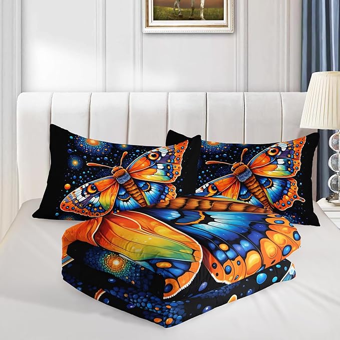 Gothic Butterfly Bedding Set King Size,Colorful Granular Ball Printed Bedding Comforter Sets,Insect Themed Comforter Set for Kids Girls Boys,Aesthetic Bedding Sets with 2 Pillowcases.