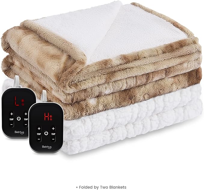 Bearhug Electric Blanket Queen Size 84" x 90", Dual Controller Heated Blanket, Faux Fur & Sherpa, 10-Heat Levels & 1-12H Auto Off, Over-Heat Protect, ETL, Machine Washable