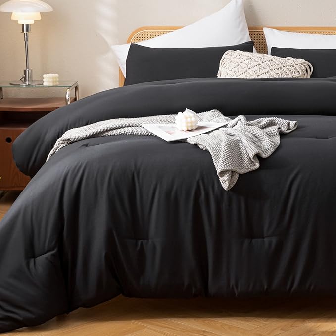 ROSGONIA Comforter Full Size Black for Girls Boys Teens, 3pcs (1 Boho Comforter & 2 Pillowcases), Lightweight Dorm Bedding Soft All Season Bed Set