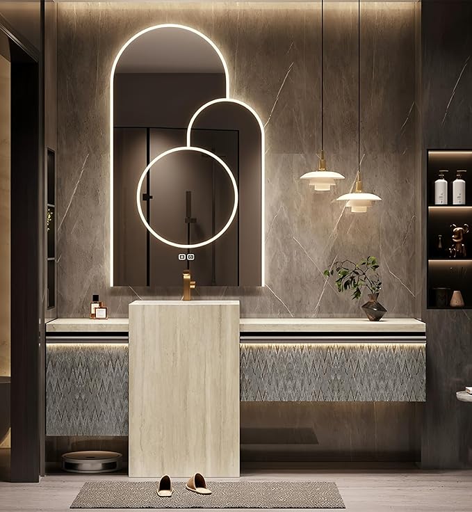 Single Sink Freestanding Bath Vanity, Modern Bath Vanity with LED Smart Mirror, 76IN Solid Wood Floating Bathroom Sink Cabinet with Marble Slate Top and Large Storage Drawer