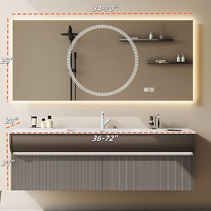 Solid Wood Bathroom Vanity Set - Wall Mounted Bathroom Cabinet with Light, Mirror with Light & Defog, Exquisite Accessories (Mirror Style, 68'')