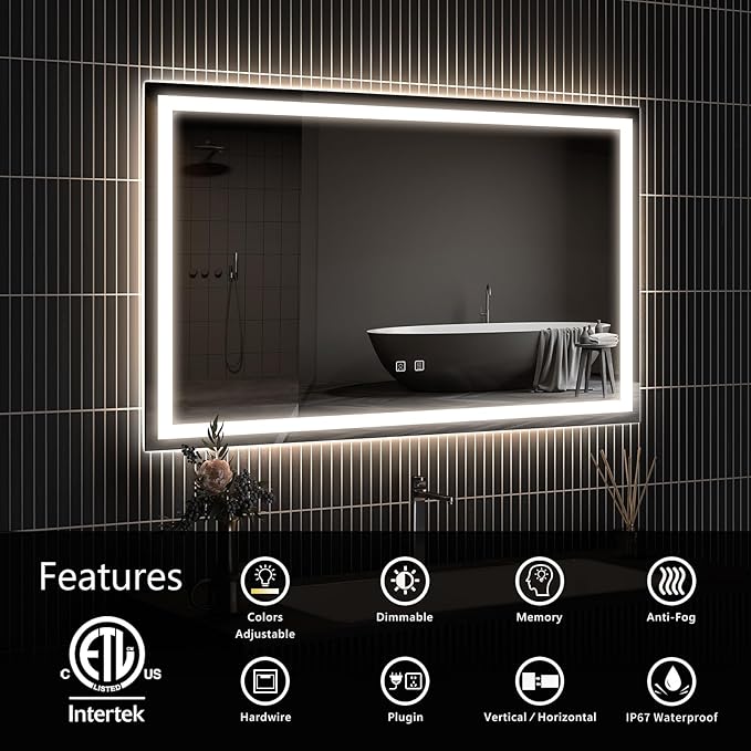 APRILSOUL 40x32 Inch LED Bathroom Mirror with Front and Backlit, Makeup Mirror with 3 Color Lights, Memory Function, Anti-Fog and Dimmable Light (Horizontal)