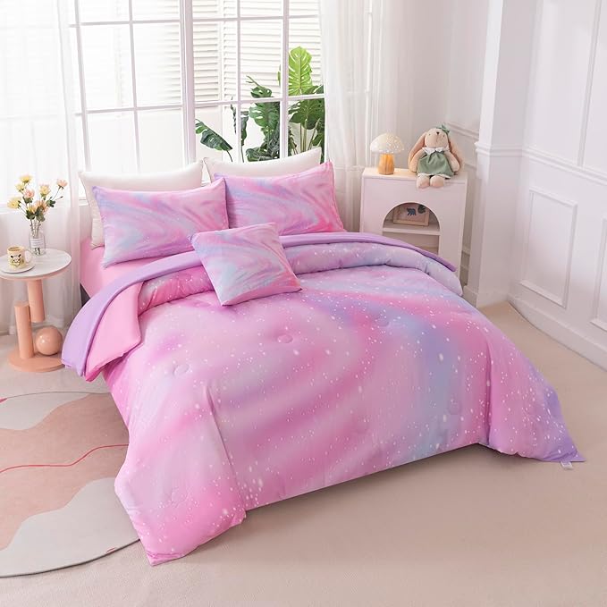 4Pcs Pink Comforter Set Full for Kids Girls, Pink Art Tie Dye Bedding Sets with Sheets, Bed in A Bag Full(1 Comforter, 1 Flat Sheet, 2 Pillowcases)