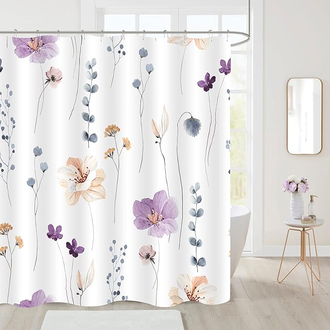 Gibelle Watercolor Floral Shower Curtain, Purple Beige Flower Shower Curtain for Bathroom, Modern Minimalist White Waterproof Fabric Shower Curtain Set with Hooks 72x72 Inch