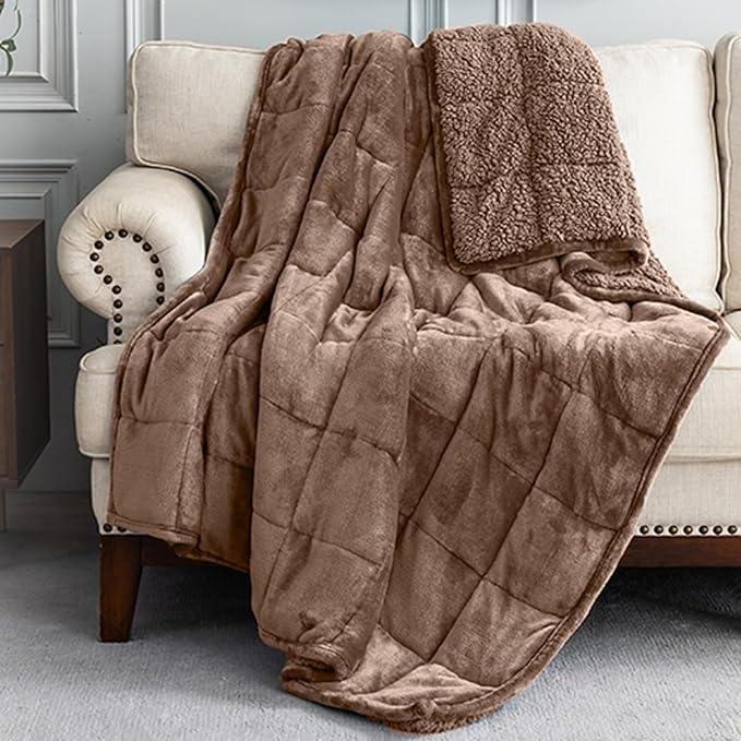 Cottonblue Sherpa Fleece Weighted Blanket 15 lbs for Adult, Flannel Cozy Bed Blankets, Fuzzy Sherpa Weighted Blankets Full Size 48 x 72 inches, Soft Blanket for Sofa Beds, Dark Brown