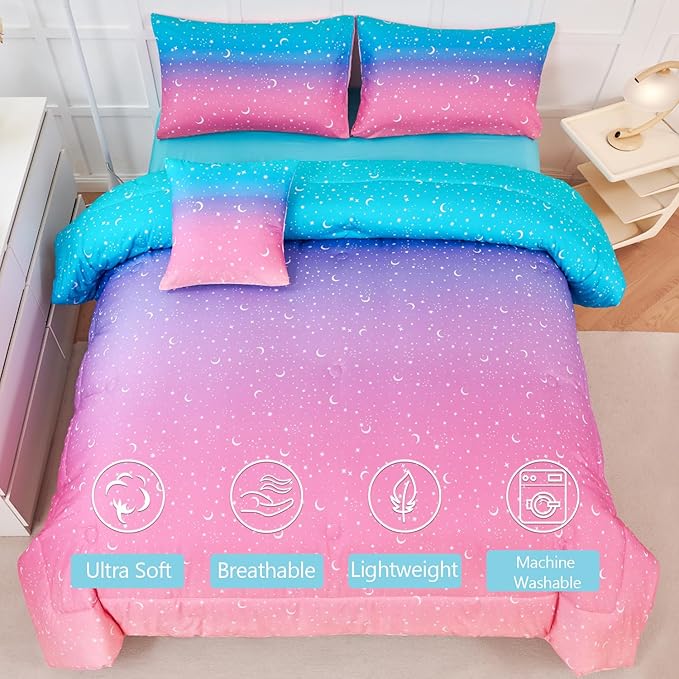URBONUR 6 Pcs Gradient Glitter Comforter Set for Girls Full Size Colorful Rainbow Bedding Soft Lightweight Microfiber All Season Kids Bed Sets (Pink Blue)