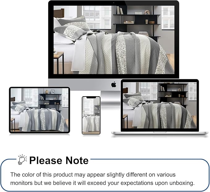 Stripe King Size Quilt - 100% Cotton Lightweight Quilt Bedding Set 3 Pieces, Vintage Vine Pattern Quilted Bedspread with 2 Pillow Shams, Farmhouse Printed Coverlet for All Season, Gray