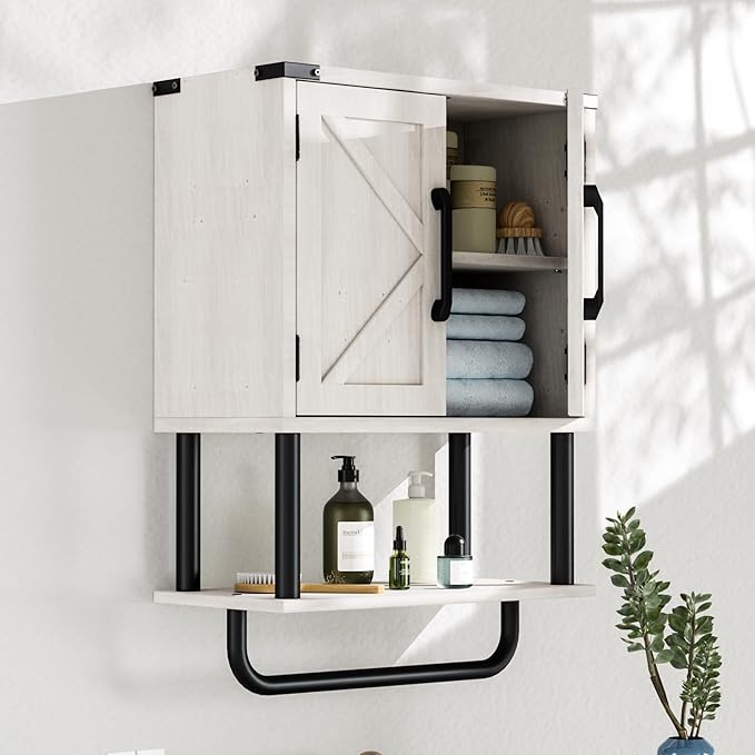 AmazerBath Bathroom Wood Wall Cabinets, Farmhouse Medicine Cabinets Organizer with Towel Bar, Hanging Small Storage Cabinet with Adjustable Shelf, 2 Doors Wall Organizer Cabinet for Small Spaces