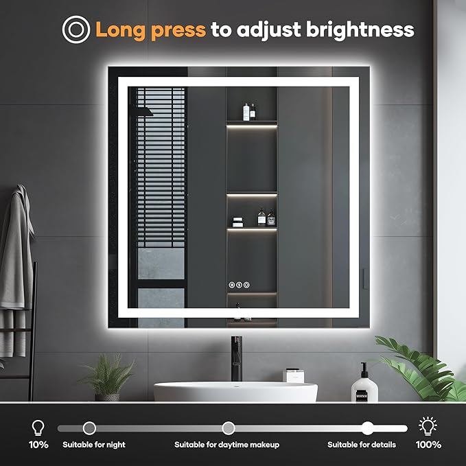 LED Bathroom Mirror with Lights, 36×36Inch Front and Backlit Led Mirror for Bathroom, 3 Colors Dimmable, Defogging, Memory Function, Shatterproof, Tempered Glass, Horizontal/Vertical, UL Listed