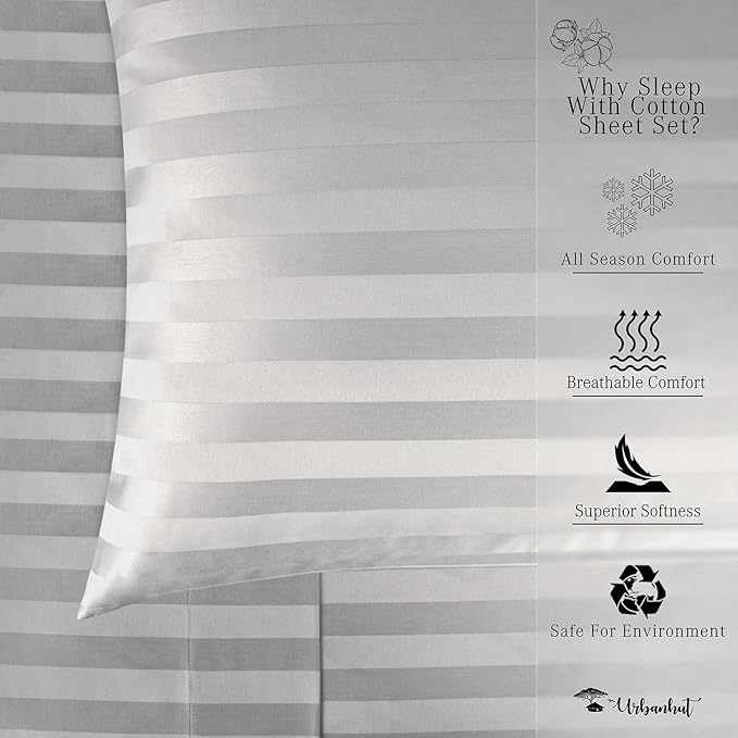 URBANHUT 1000 Thread Count Egyptian Cotton Sheets Damask Striped Queen Size, Breathable Long Staple, 4 Pc Bed Sheet Sets, Luxury Hotel Sateen Sheets Fits 16" Deep Pocket - Silver Grey