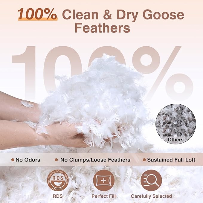 Goose Feather Pillows Bed Pillow - Hotel Down Pillows Queen Size Set of 2, Ultra Soft Bed Pillow for Sleeping, Fluffy Support Surround Fill Polyester for Back, Stomach, Side Sleepers