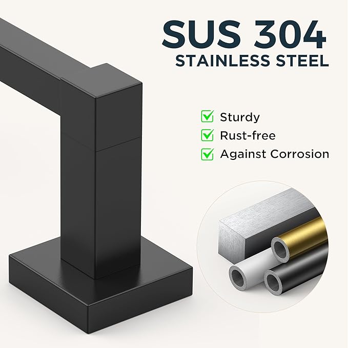 FORIOUS Toilet Paper Holder Wall Mount and Hand Towel Ring Set, SUS 304 Stainless Steel Double Post Pivoting Tissue Roll Holder, Modern Bathroom Hardware Accessories Set, Matte Black