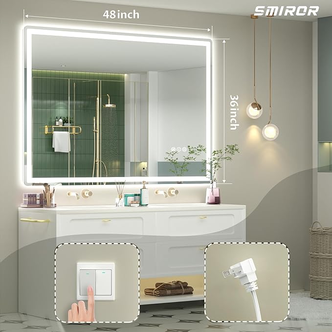 SMIROR LED Bathroom Mirror with Lights 48"x 36", Rounded Rectangle Lighted Vanity Mirror for Wall, Front Lit and Backlit, 3 Colors, Dimmable, Anti-Fog, Tempered Glass (Horizontally/Vertically)