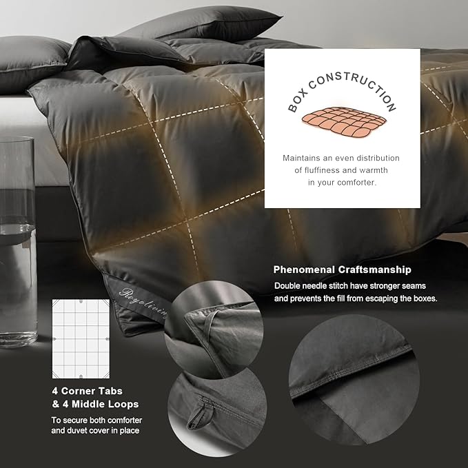 Royoliving Premium Feathers Down Duvet Insert Comforter King Size Charcoal Grey All Season Medium Warmth Winter 100% Cotton Cover with Corner Tabs (106x90, 60 oz)
