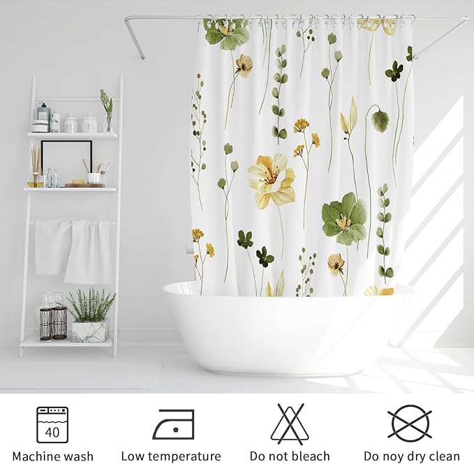 Gibelle Small Stall Shower Curtain 36 x 72, Narrow Half Watercolor Floral Fabric Shower Curtain, Olive Green Beige Flower Decorative Bathroom Shower Curtain Set with Hooks
