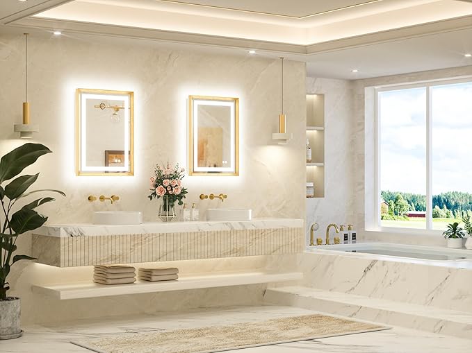 TETOTE 20 x 28 Bathroom LED Mirror Brushed Gold Metal Frame Frontlit & Backlit Vanity Mirror Anti-Fog Stepless Dimmable 3 Colors White/Warm/Natural Vanity with Lights Wall-Mounted