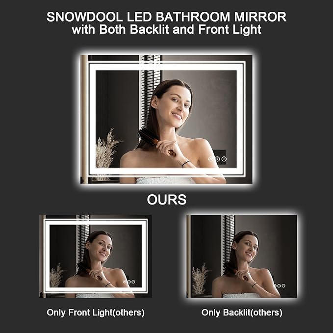 LED Bathroom Mirror, 40"X28" with Front and Backlit, Anti-Fog, Bathroom Vanity Mirror for Wall, Memory Function, Stepless Dimmable, Tempered Glass (Horizontal/Vertical)