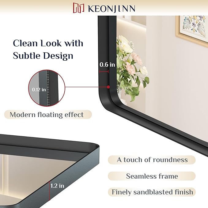 Keonjinn Black Bathroom Mirrors for Over Sink, 60” x 36” Large Matte Black Mirror for Wall, Rounded Rectangle Farmhouse Vanity Mirror, HD Tempered Glass Modern Decorative Mirror(Horizontal/Vertical)