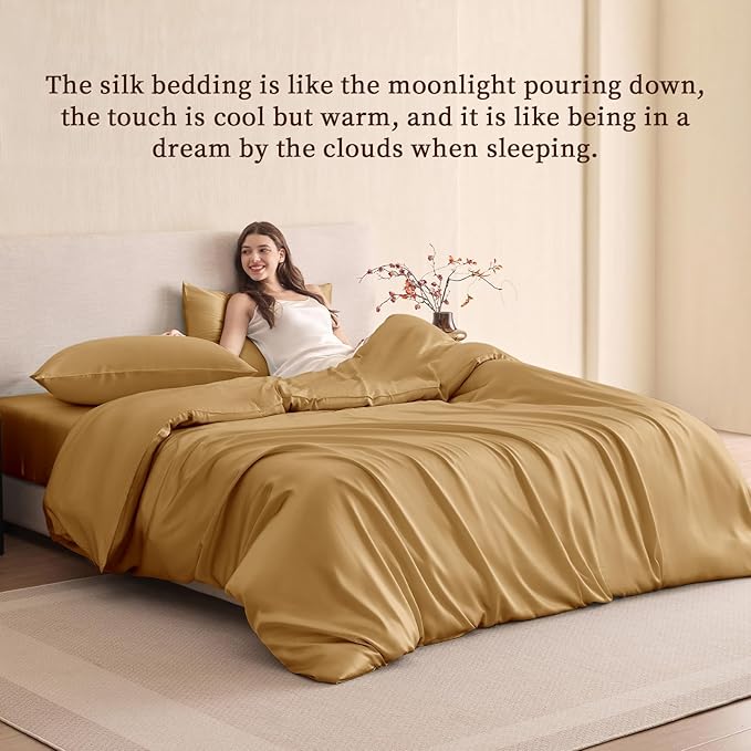 THXSILK 100% Pure Mulberry Silk Duvet Cover Set 3 Piece, 6A+ Grade Luxury Soft Bedding Silk Sheets for Hair and Skin, 1 Pcs Quilt/Comforter Cover with 2 Zippered Pillowcases (Metallic Gold, Full)