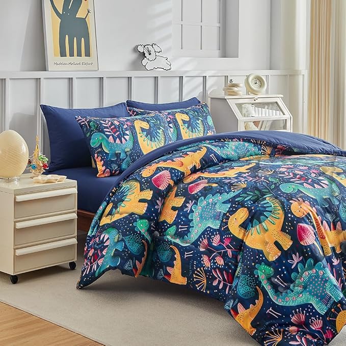 Wajade 7 Piece Dinosaur Comforter Set for Boys 3D Blue Dinosaur Print Bedding Set for Kids Teens Bed in A Bag Queen Size (1 Comforter, 1 Flat Sheet, 1 Fitted Sheet, 2 Pillowcase and 2 Pillow Sham)