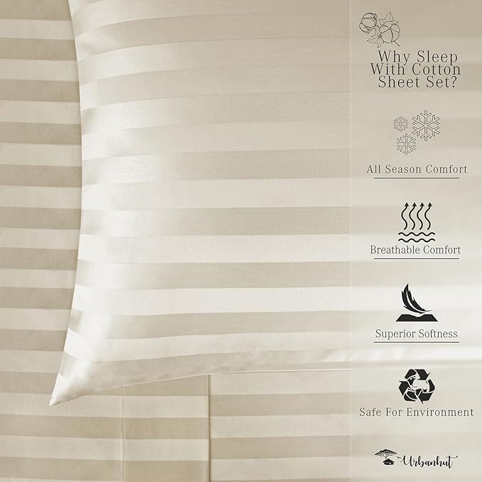 URBANHUT 1000 Thread Count Egyptian Cotton Damask Striped California King Sheets, Long Staple Soft & Breathable, 4 Pc Bed Sheet Sets, Luxury Hotel Sateen Sheets Fits 16" Deep Pocket - Ivory