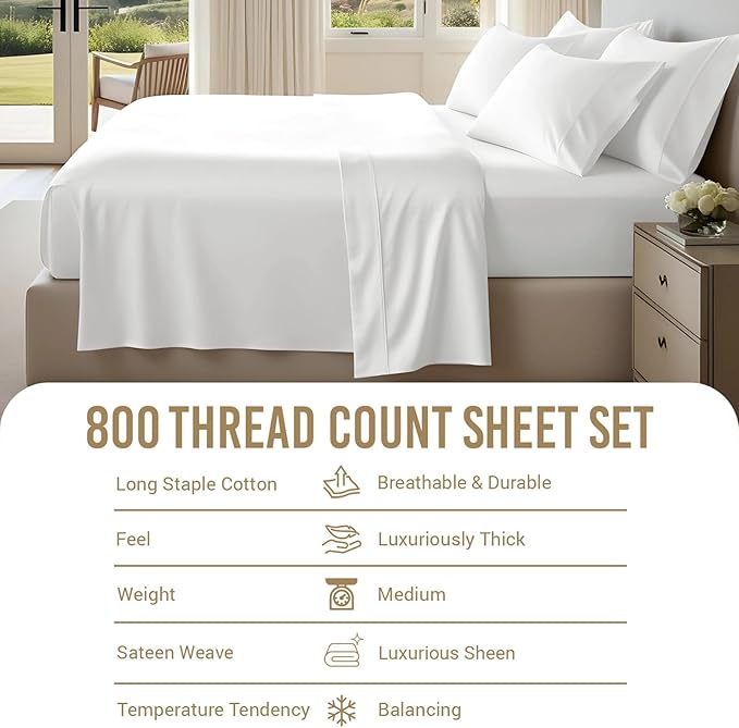 Pizuna Pure 100% Cotton Sheets Full Size, 800 Thread Count Long Staple Cotton Crisp Sateen Sheets with 15" Deep Pocket