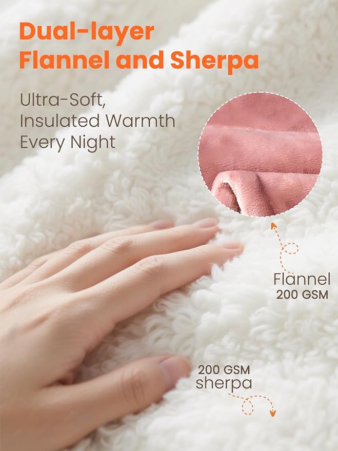 Electric Heated Blanket Queen, Ultra‑Cozy Premium Flannel & Sherpa, Even Heat Distribution & Stable Temp, 1–10H Auto‑Off, 8 Temps (86–125.6°F), Overheat Protection, Ideal Gifts for Grandma