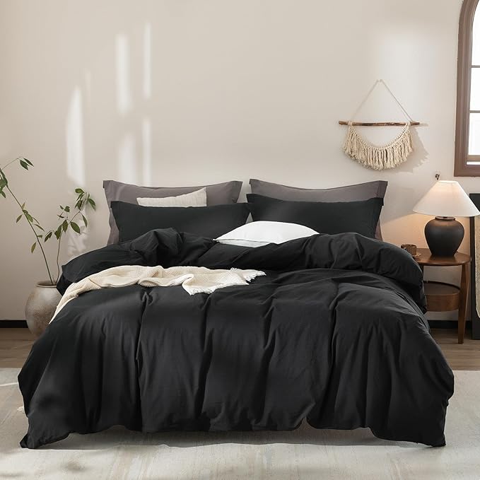 Black Duvet Cover King Size 100% Washed Cotton Bedding Set Cover 1 Duvet Cover with Zipper Closure and 2 Pillowcases, 104inch x 90inch