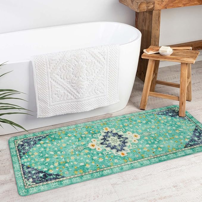 Uphome Boho Vintage Bathroom Runner Rug Green Non-Slip Soft Long Bathroom Rugs Machine Washable Oriental Bath Mat Traditional Tribal Floral Floor Mats for Sink Shower Bathtub, 18x47 inch